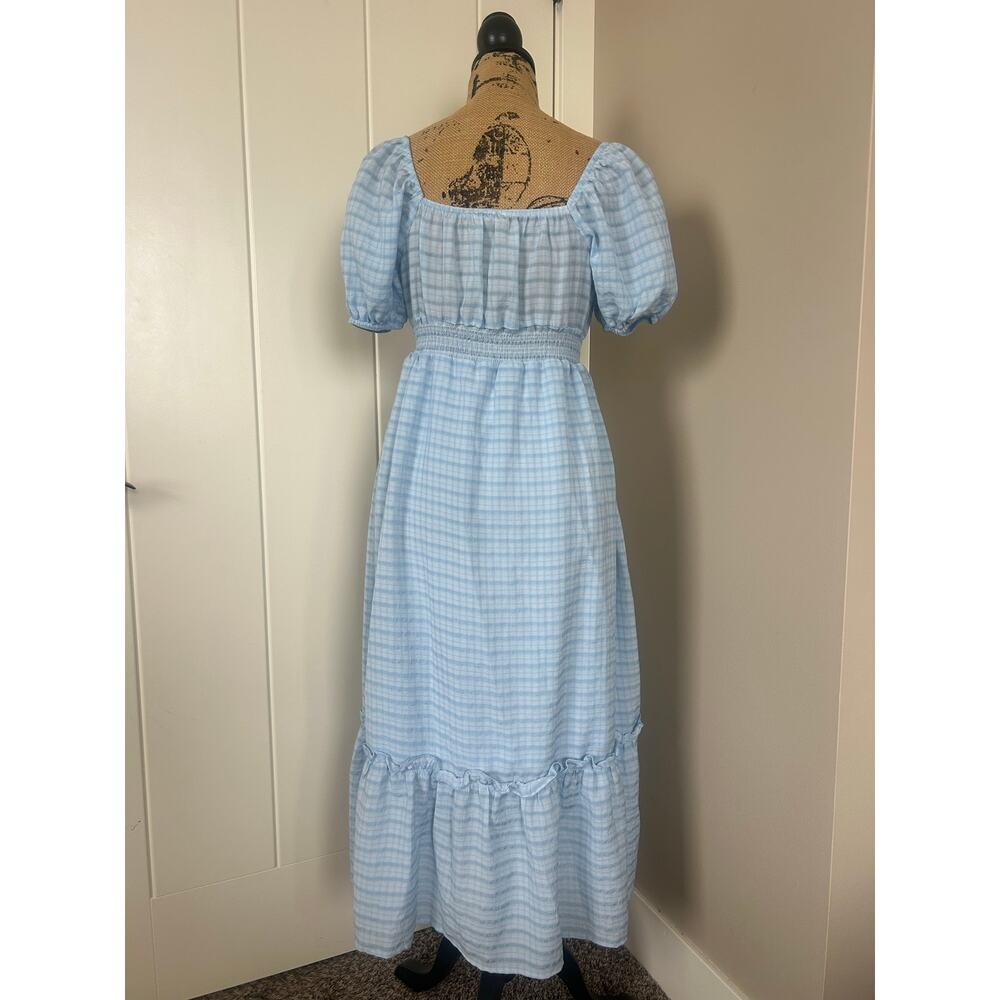 By The River Blue Plaid Smocked Boho Cottage Core Tiered Ruffle Dress Size S - Picture 5 of 9